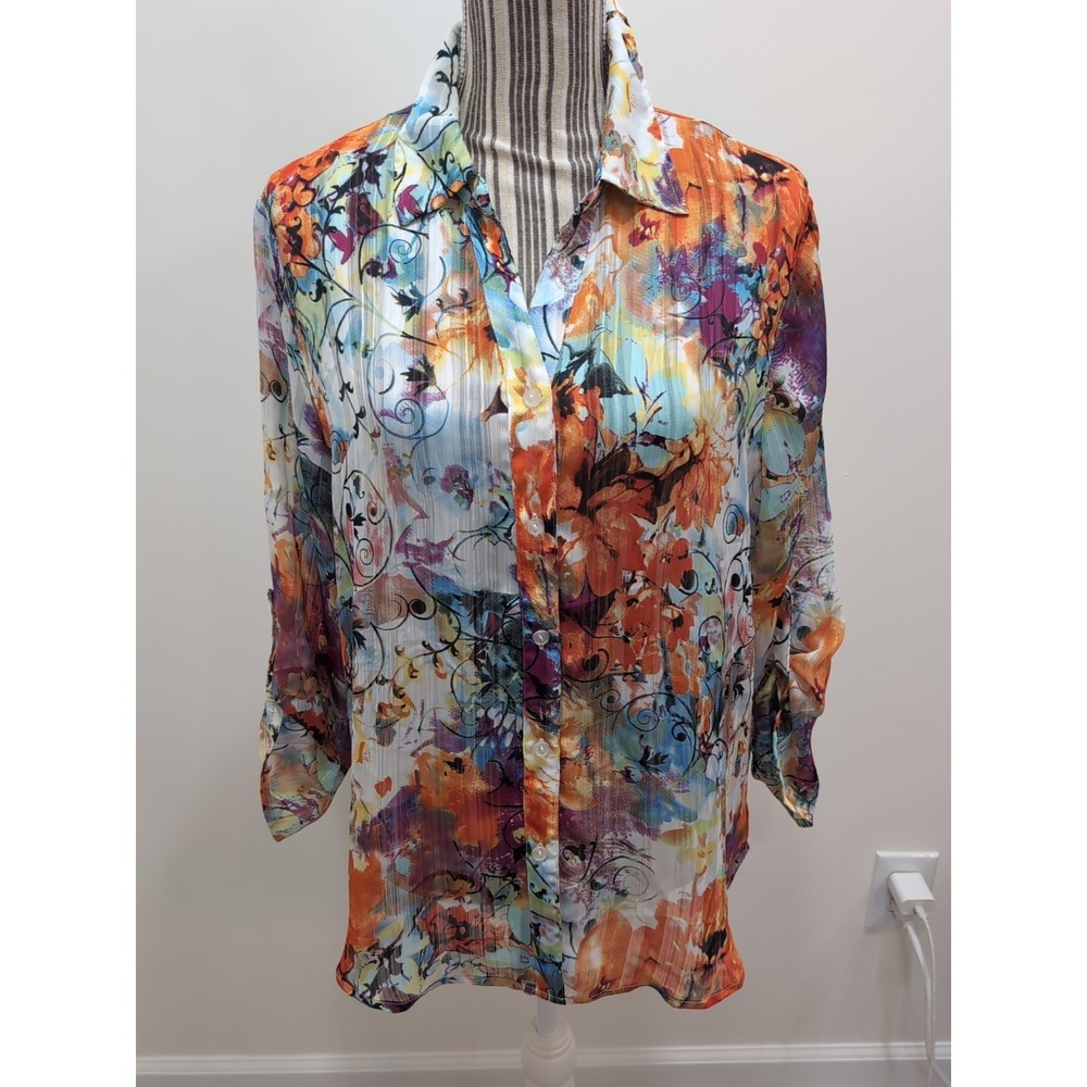 Chico's 2 or L Top NWOT Floral Sheer Lite Wgt Button Up Shirt Tab Sleeve Airy - Picture 1 of 10